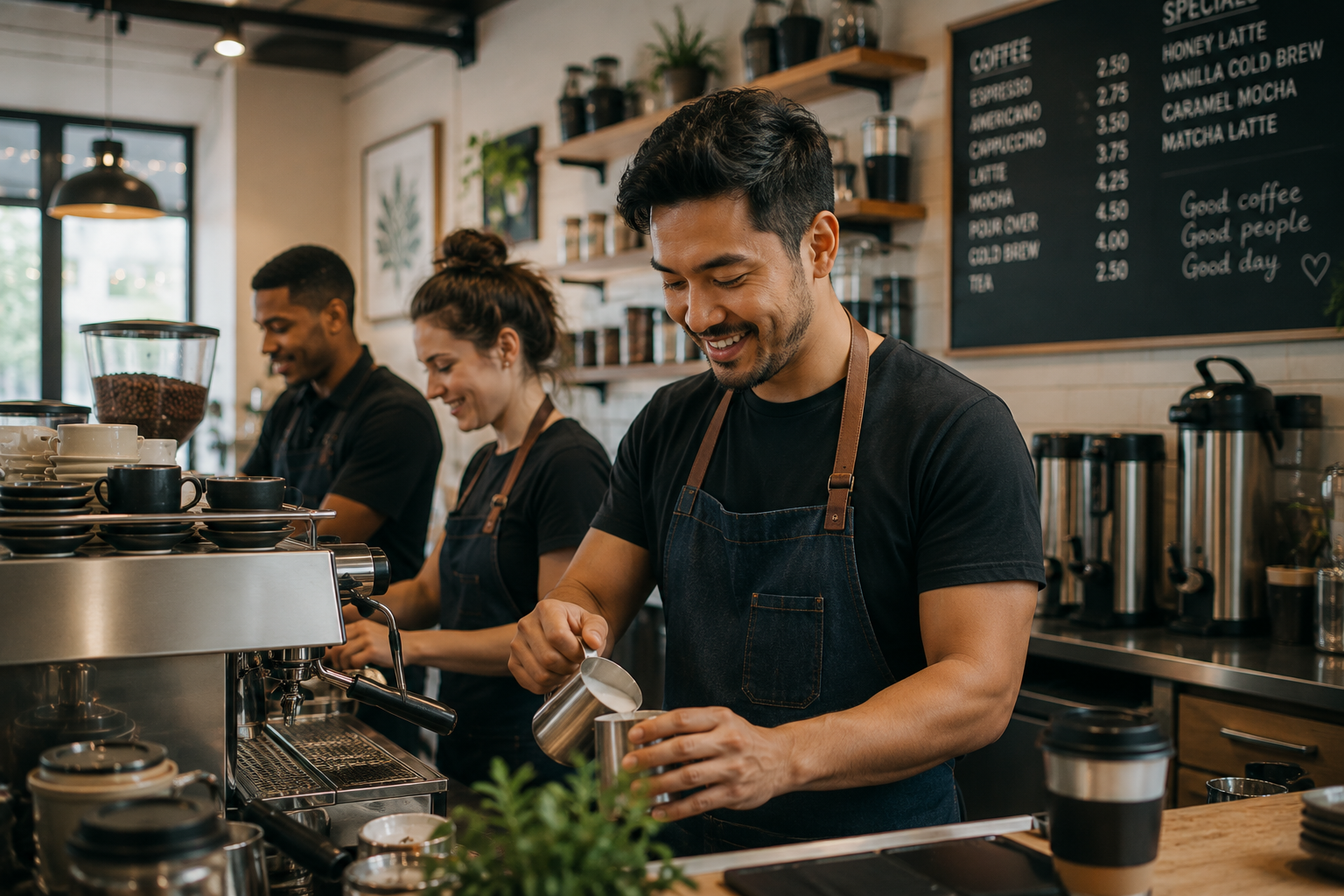 Team of baristas preparing drinks behind a café counter.