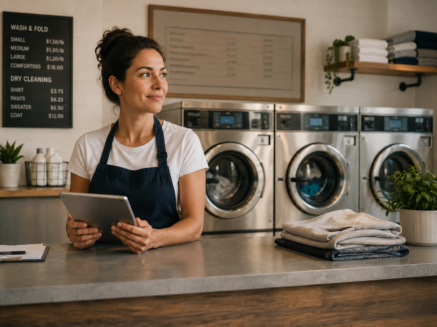 Business owner working behind the counter of a modern laundromat.