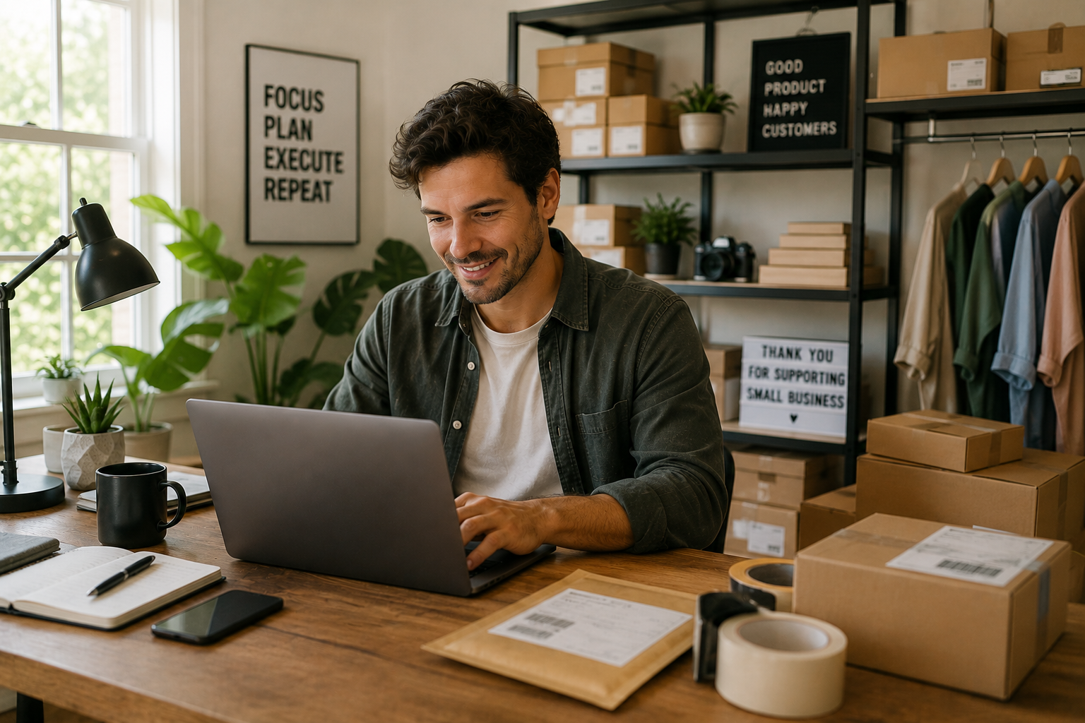 Ecommerce business owner working from a home workspace with packaged orders and inventory.