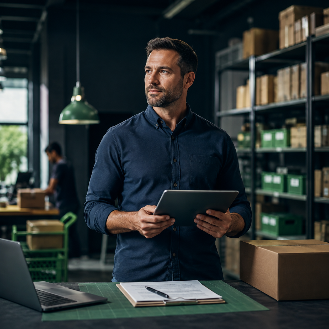 Business owner reviewing operations on a tablet in an active warehouse workspace.