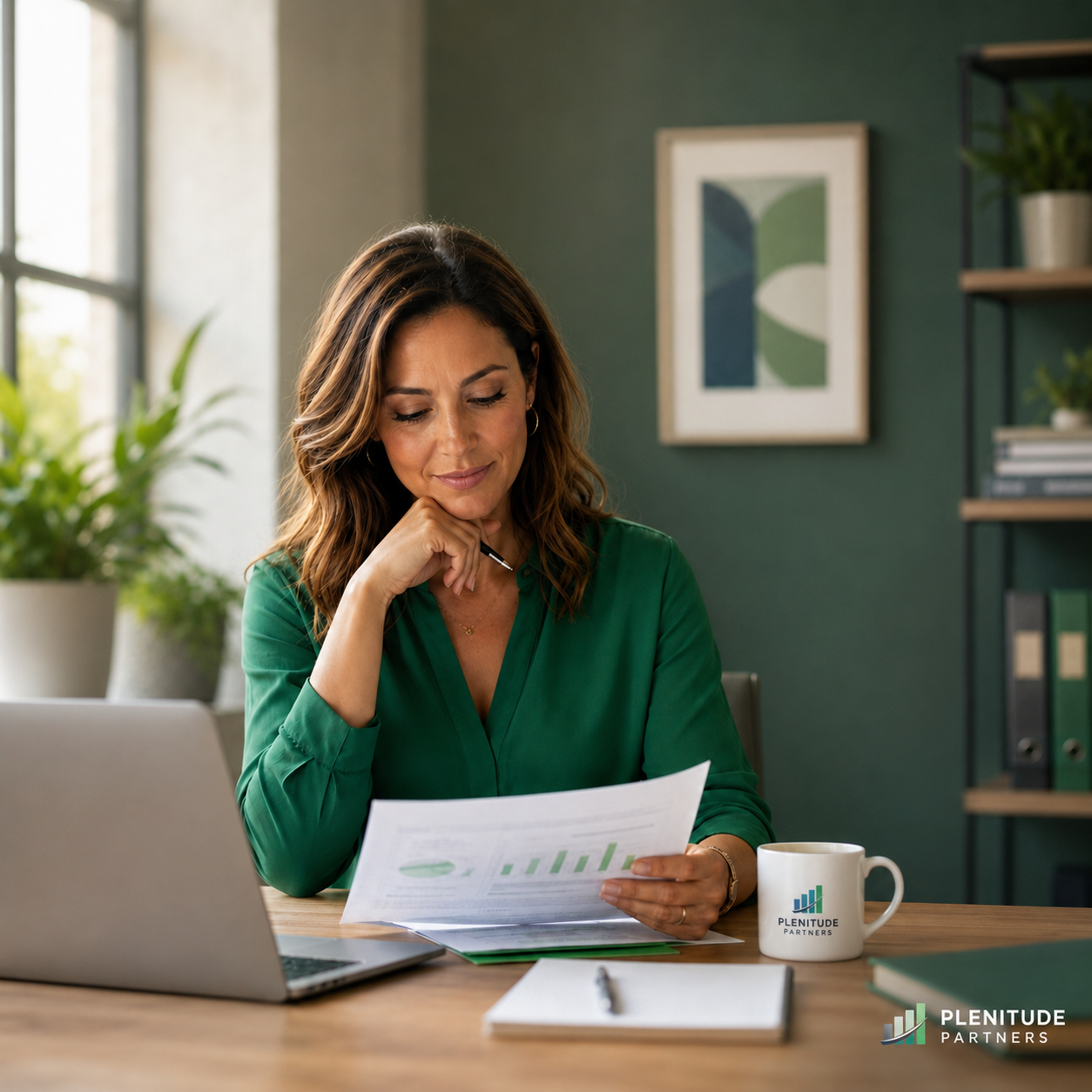 Business owner reviewing documents beside a laptop before making a decision.